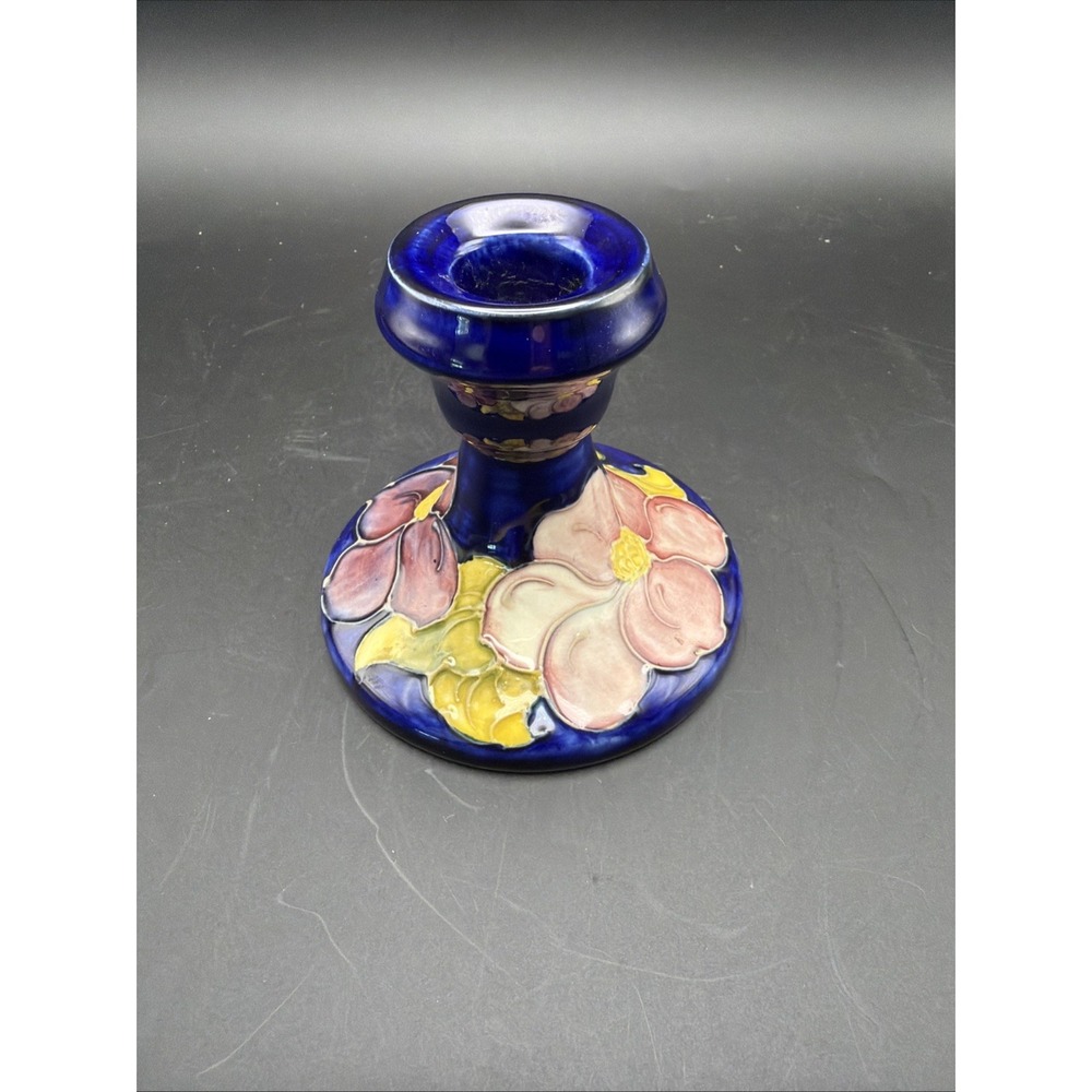 Vintage Moorcroft Clematis Cobalt Blue Pottery Dwarf Candlestick England 3.5"